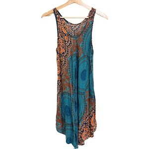Teal & Orange Geometric Floral Sleeveless Sundress Midi Dress – Sea Jewels, S/M